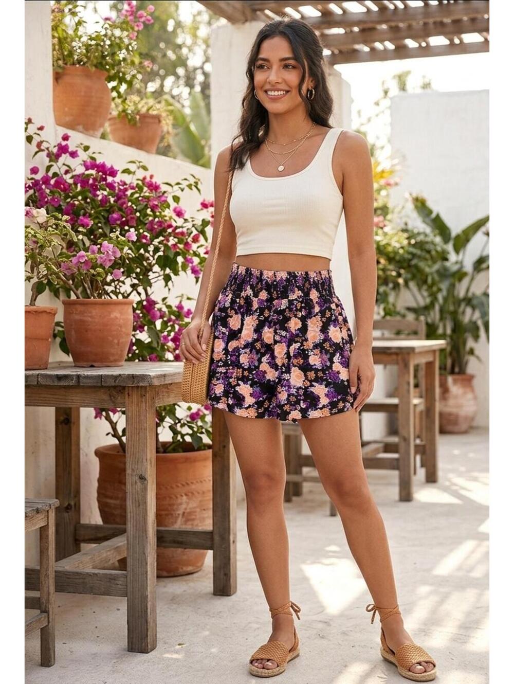 Garage Y2K Floral Smocked Waist Shorts Black Purple Peach Rose Print,boho Size M